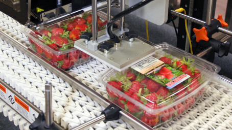 Labels being applied automatically to plastic clamshell packaging