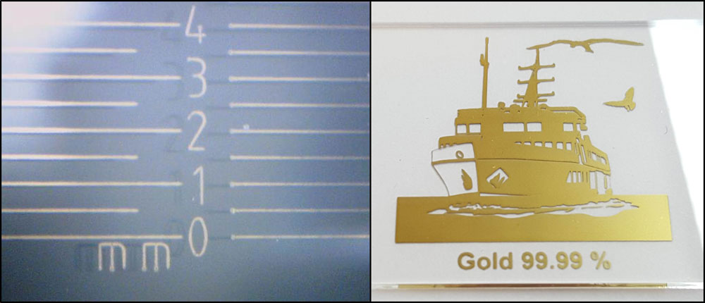 Mit ARA-LT aufgelasertes Feingold als dünne Linien (links) und als Grafik (rechts)
