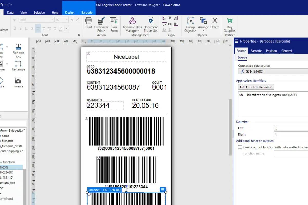 Labeldesign mit der Etikettensoftware Loftware Nicelabel (Screenshot)